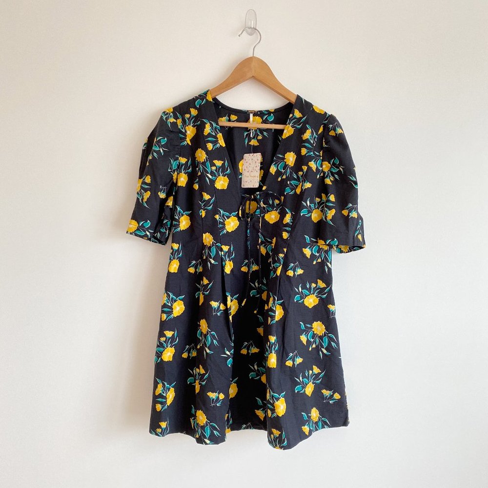 Free People Casual Dress, Short Sleeve, Pockets, Floral Print, Black, Medium